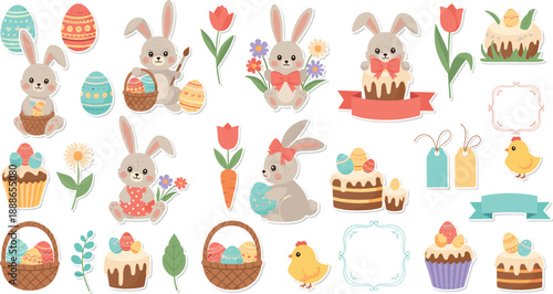 Cute Easter bunny vector set with pastel eggs, cakes, flowers, chicks, gift tags, and adorable rabbits for spring holiday designs