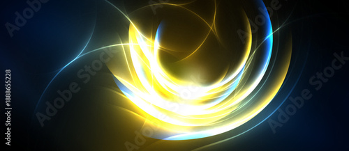 Bright abstract swirls, yellow glows dominate dark background. Dynamic energy radiates from central point, creating visual impact.