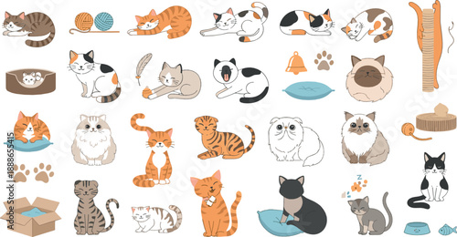 Cute cartoon cat vector set with playful kittens, sleeping poses, pet toys, scratching posts, paws, and adorable feline characters