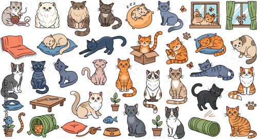 Cute cartoon cat vector set featuring playful kittens, sleeping cats, funny poses, pet accessories, cozy home scenes, and adorable feline characters