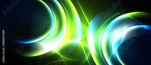 Abstract light streaks form flowing curves. Vivid green, blue, white hues create dynamic energy, contrasting dark background.