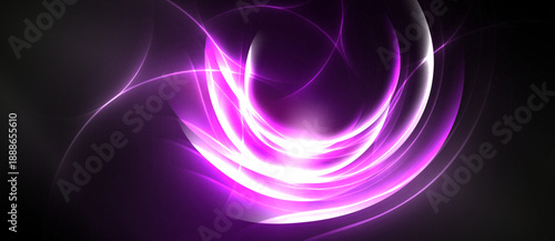 Abstract swirls, vibrant purple hues, dynamic energy. Light radiates from central point, creating flowing patterns. Dark background emphasizes luminosity.