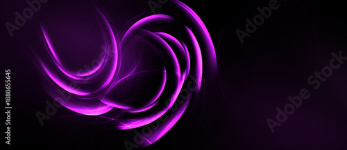 Abstract purple swirls dominate dark background. Smooth curves create dynamic visual impact, suggesting energy, motion. Minimalist design.