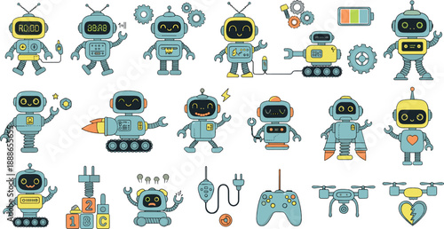 Cute cartoon robot character vector set with futuristic AI machines, drones, batteries, and playful technology icons for kids education