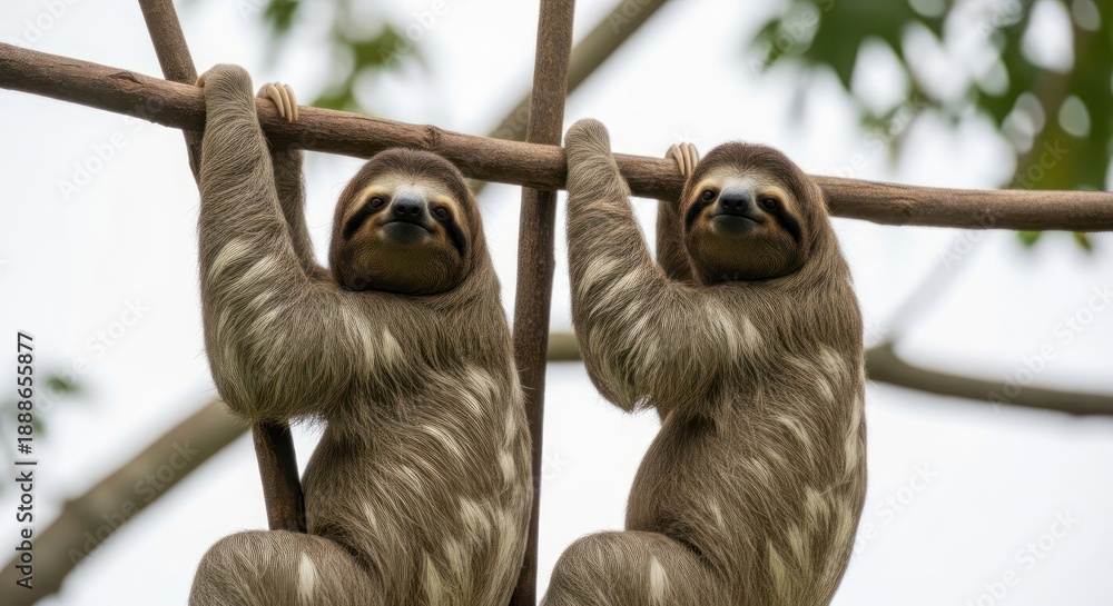Fototapeta premium Two sloths hanging from a branch, facing forward, with a blurred green background suggesting a natural habitat.