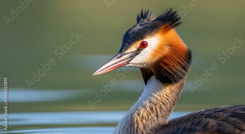 A Great Crested Grebe bird with a striking plumage of black, white, and orange, floating on a body of water with a blurred green background.