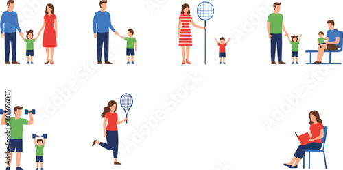 Parents and children daily activities vector set showing family time, sports and healthy lifestyle moments