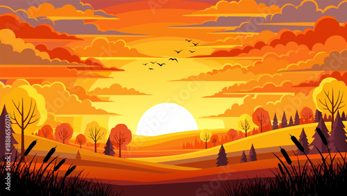 Vector illustration of serene sunset landscape with trees, birds, and hills, presented in a beautiful, orange-toned scenery, from a distant viewpoint, referenced in 174.eps