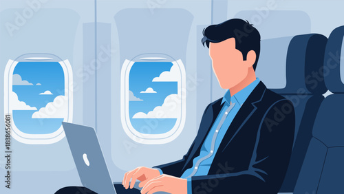 Man working on laptop on an airplane with vector illustration style