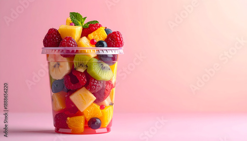 Vibrant Fresh Fruit Salad Cup Overflowing with Assorted Berries Melon Pineapple and Kiwi on a Soft Pink Backdrop with Gentle Sunlight Illumination