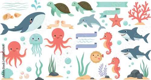 Cute ocean animal vector set with whale, sharks, turtles, octopus, jellyfish, seahorses, coral, and colorful underwater cartoon sea life