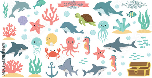 Cute ocean animal vector set with dolphins, sharks, turtles, jellyfish, coral, treasure chest, and colorful underwater cartoon sea life