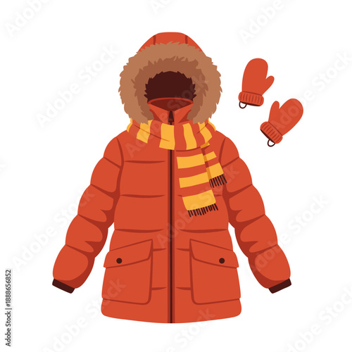 Winter clothing vector illustration of a vibrant orange coat with fur hood, scarf, and mittens for cold weather protection and style