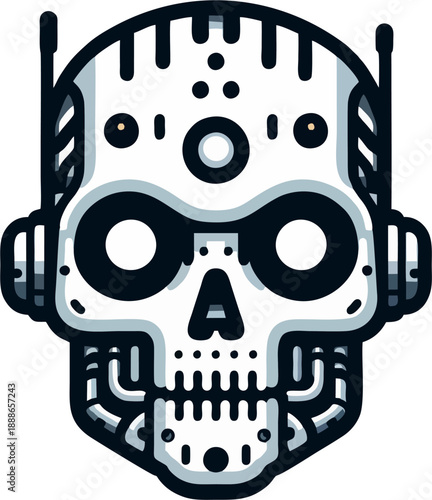 Line art cyber robot skull front view with double antennas, forehead dots, circular eye details, ear guards, and toothy jaw, bold monochrome outlines for futuristic icon