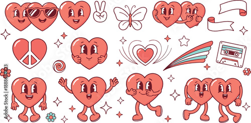 Cute heart character vector set with peace sign, butterflies, hugs, music cassette, and playful love themed cartoon illustrations