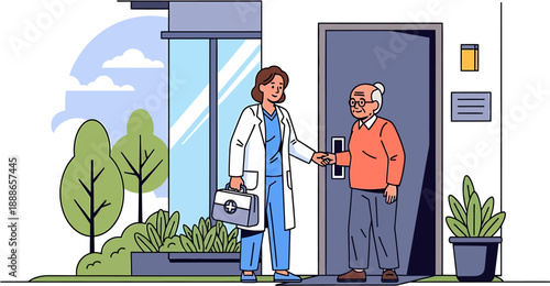 Professional caregiver making a compassionate home visit to an elderly man, providing essential medical support and personalized care services at his residence