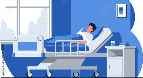 A patient lies in a hospital bed, receiving care with a bedside table and window in the background, illustrating recovery and medical attention
