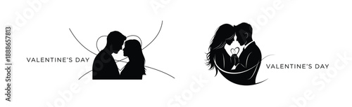 Romantic silhouettes for valentine's day celebration This image displays two distinct black silhouette designs symbolizing love and Valentine's Day. The left design features a couple facing each other