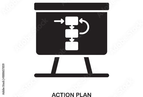 Flat black icon representing a workflow or action plan displayed on a presentation board with a loop indicating repetition or feedback.