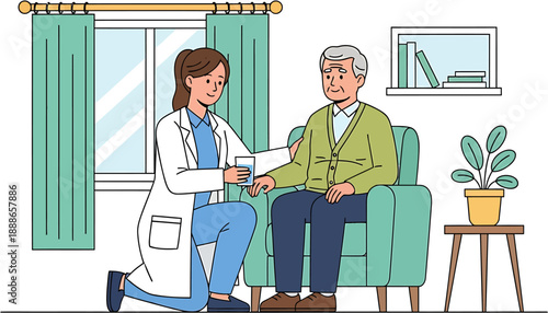 Caring healthcare professional providing a glass of water to an elderly man in his home, symbolizing dedicated support and compassionate senior care services