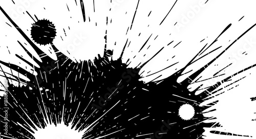 Dynamic abstract black ink splashes and splatters creating a chaotic yet artistic grunge background, perfect for creative design projects and textured visual effects with high contrast