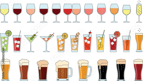 Alcoholic drinks and cocktail vector set with wine, beer, martini, mojito, juice, and bar beverage glassware illustration collection