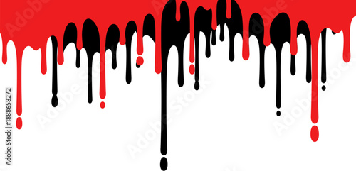 Abstract vector illustration featuring vibrant red and stark black liquid paint or ink dripping downwards, creating a dynamic and edgy graphic background with a modern grunge aesthetic