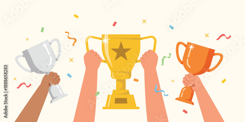 The Winner prize goblet banner, Hand holding gold trophy cup and medals vector illustration.