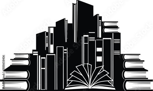 An illustration of a stack of books forming a cityscape.