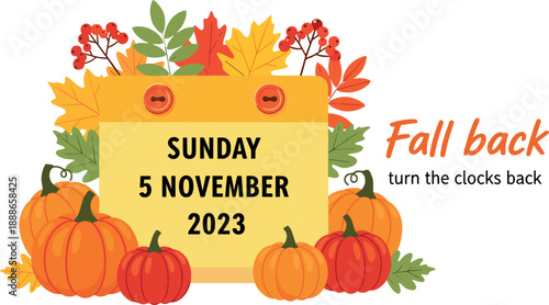 Fall back daylight saving time vector with autumn pumpkins, fall leaves, seasonal calendar reminder, and cozy harvest themed illustration