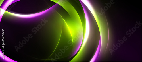 Abstract design features flowing curves, vibrant purple, green hues. Dynamic composition creates modern visual impact. Smooth gradients enhance depth.