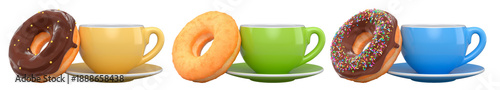 Assortment of coffee cups in various colors with frosted donuts, isolated on white background, concept of sweet breakfast treat