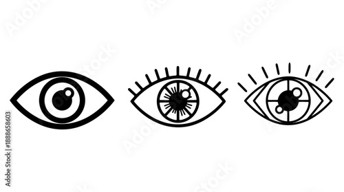Three illustrated eyes with varying designs and gazes