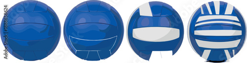 Blue volleyball vector set with different panel designs, glossy sports ball variations, athletic game equipment illustration collection