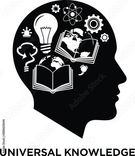 Silhouette of a brain with various educational and scientific icons representing universal knowledge.