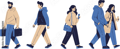 Modern flat illustration depicting various pedestrians walking, representing the hustle and bustle of daily urban life, commutes, and diverse city dwellers in motion
