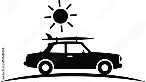 An illustration of a car with a roof rack carrying a surfboard, set against a simple background.