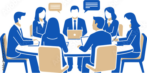 A diverse group of professionals in a business meeting, discussing ideas around a table with laptops and speech bubbles