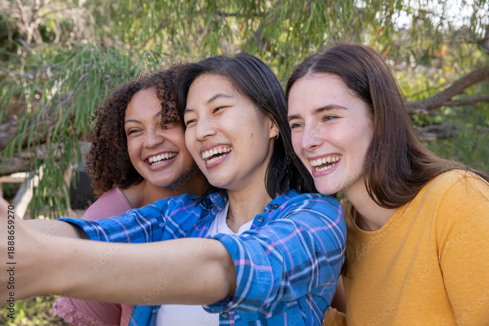 Naklejka premium Diverse female friends taking selfie with smartphone while standing among sunlit trees at park