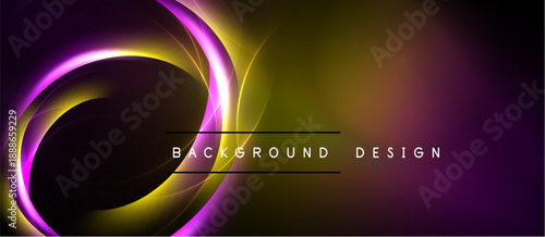 Abstract neon swirls, purple, gold hues dominate dark background. Text reads background design. Modern, vibrant visual.