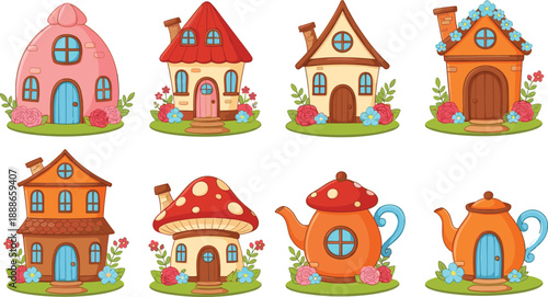 Cute fantasy fairy house cartoon vector set with whimsical mushroom, teapot and floral homes