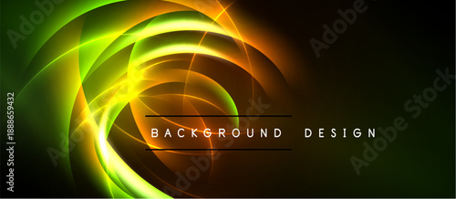 Bright swirling lights create abstract energy flow. Vivid green, yellow hues dominate dark background. Modern design element.