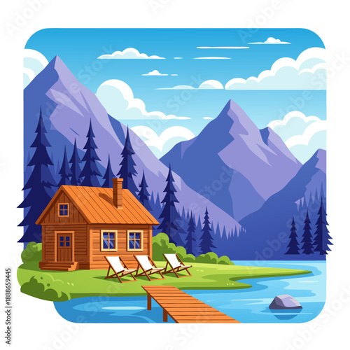 Serene vector illustration of a cabin by a lake with mountains, trees, and dock