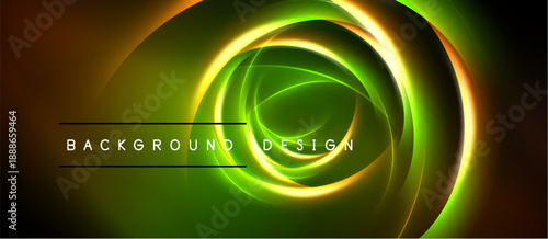 Abstract neon lights form circular layers. Green, orange hues dominate dark background. Text reads background design. Modern, vibrant visual.
