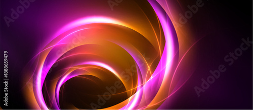 Abstract swirls, vibrant colors, orange, purple hues create dynamic energy. Light radiates from central point, forming captivating visual effect.