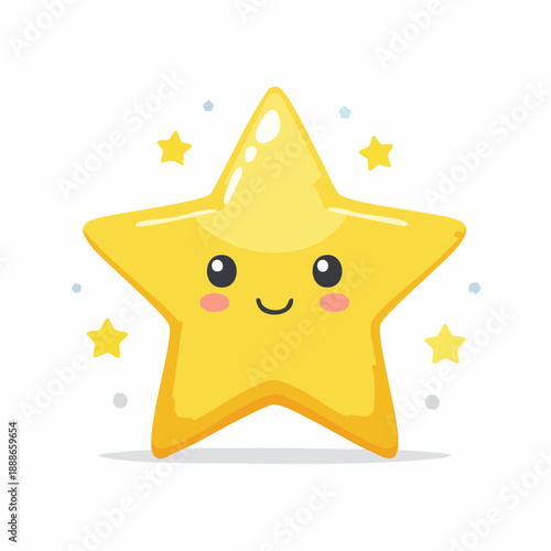 A Cute, Shiny Yellow Star Character with a Happy Face and Sparkling Accents on a White Background, Perfect for Children's Designs and Educational Materials