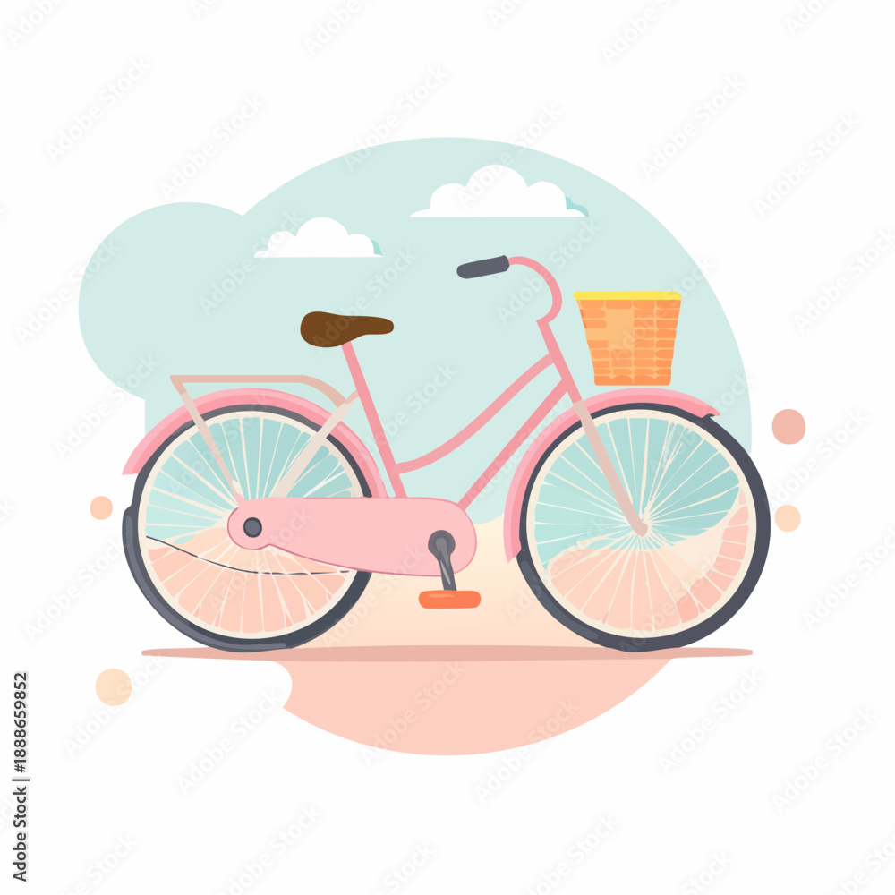 Fototapeta premium A delightful minimalist flat design illustration of a charming pastel pink bicycle featuring a front basket, symbolizing leisure, summer fun, and eco-friendly urban exploration