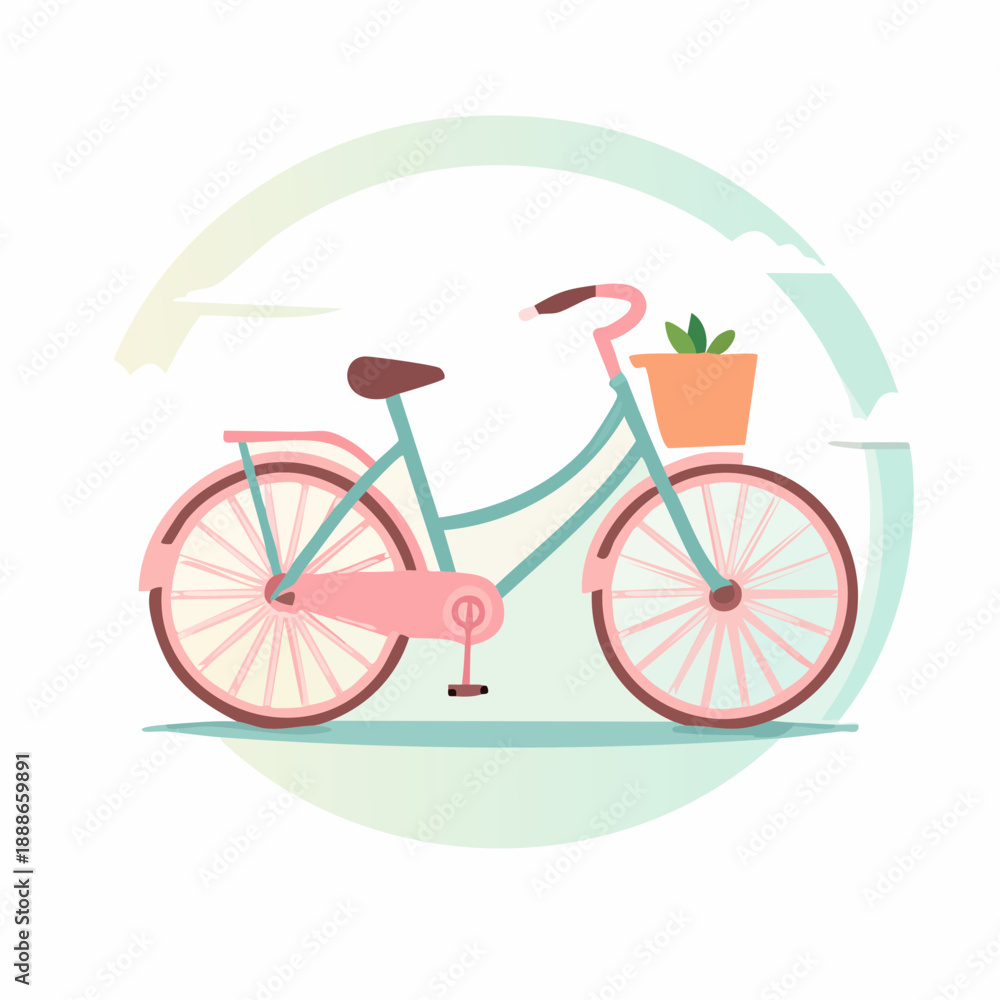 Fototapeta premium Charming Vintage Bicycle with a Basket Full of Green Plants, Evoking a Sense of Eco-Friendly Travel and Outdoor Adventures