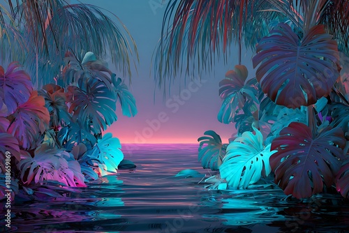 Lush tropical foliage frames a tranquil ocean surface glowing with vibrant neon colors at twilight