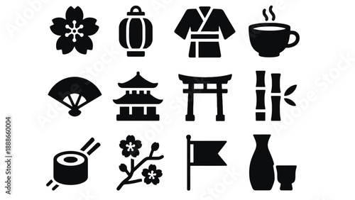 A collection of black Japanese culture icons on a white background